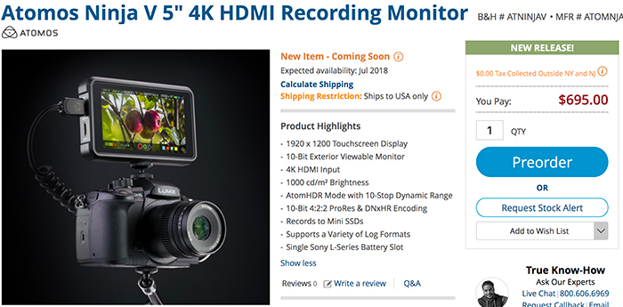 New Atomos Ninja Recording Monitor available for preorder at BH and ...